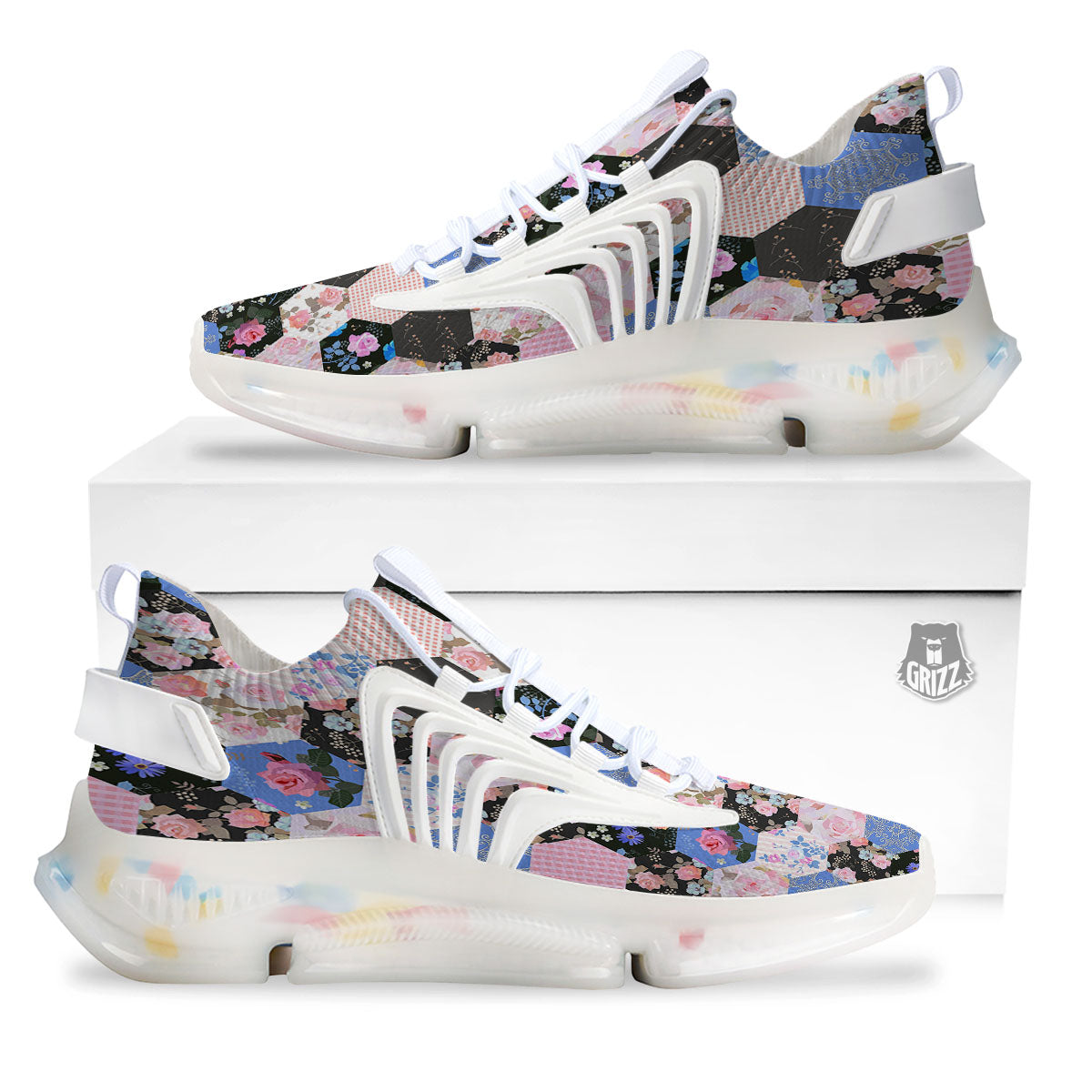 Flower Patchwork Pink Print Pattern White Gym Shoes-grizzshop