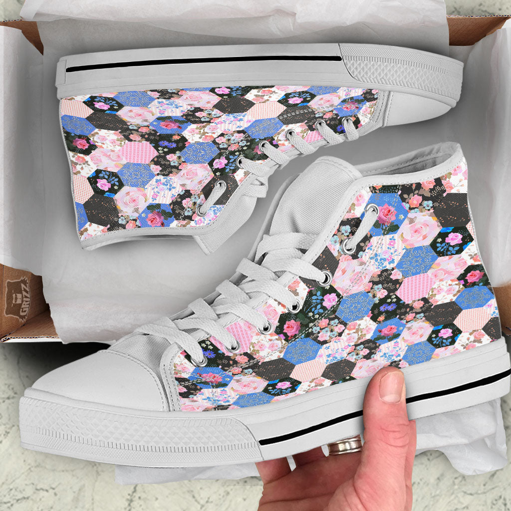 Flower Patchwork Pink Print Pattern White High Top Shoes-grizzshop