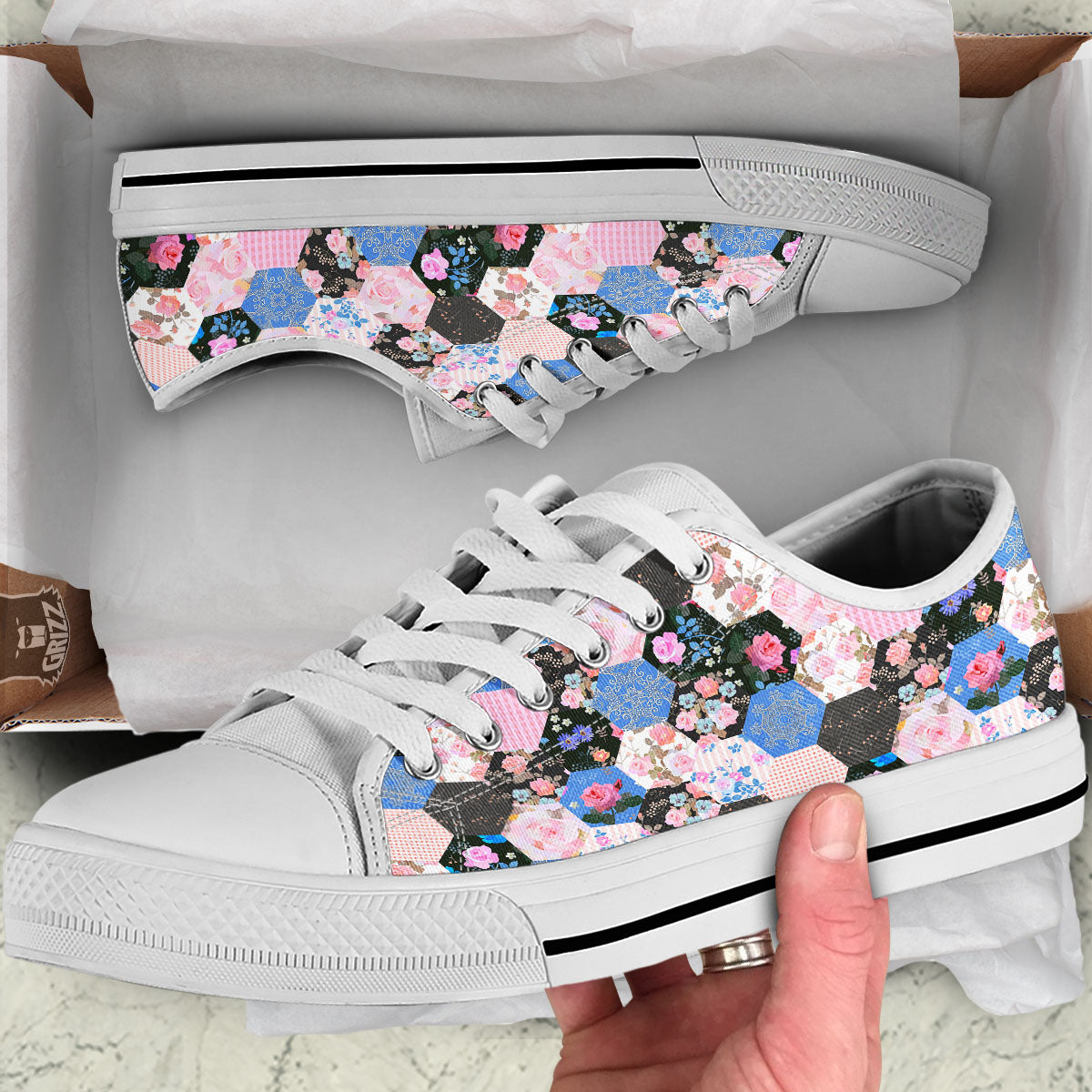 Flower Patchwork Pink Print Pattern White Low Top Shoes-grizzshop
