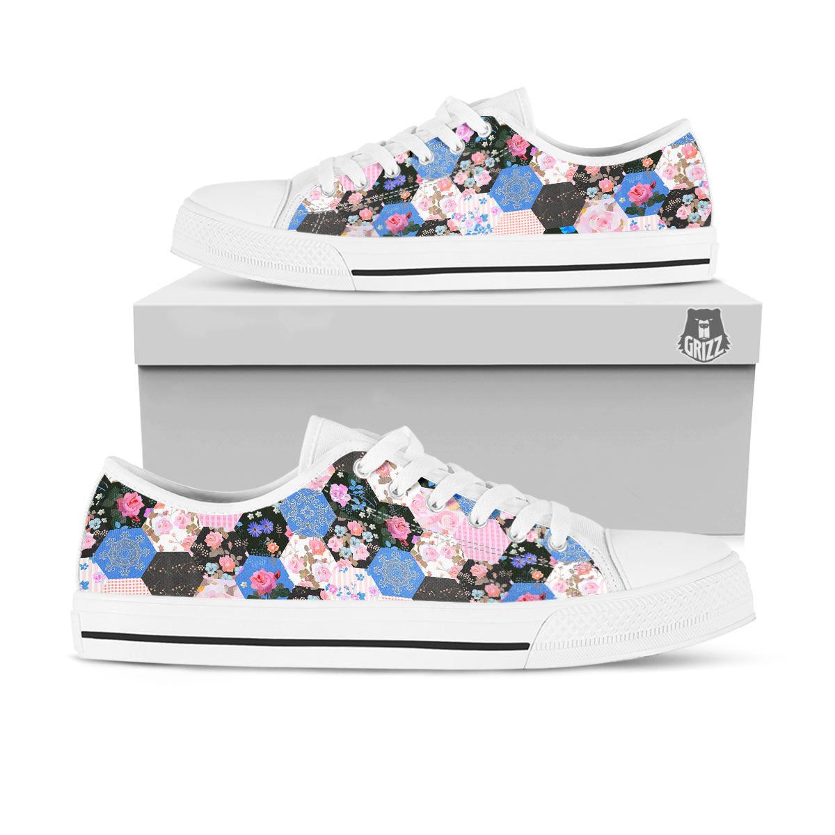 Flower Patchwork Pink Print Pattern White Low Top Shoes-grizzshop