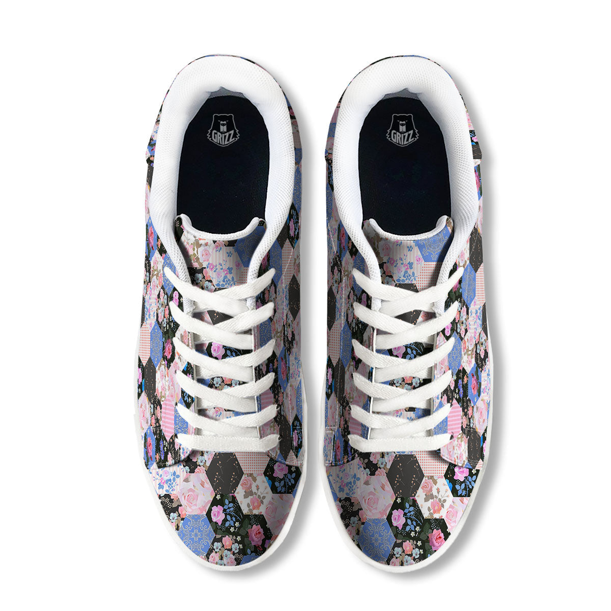 Flower Patchwork Pink Print Pattern White Low Top Sneakers-grizzshop