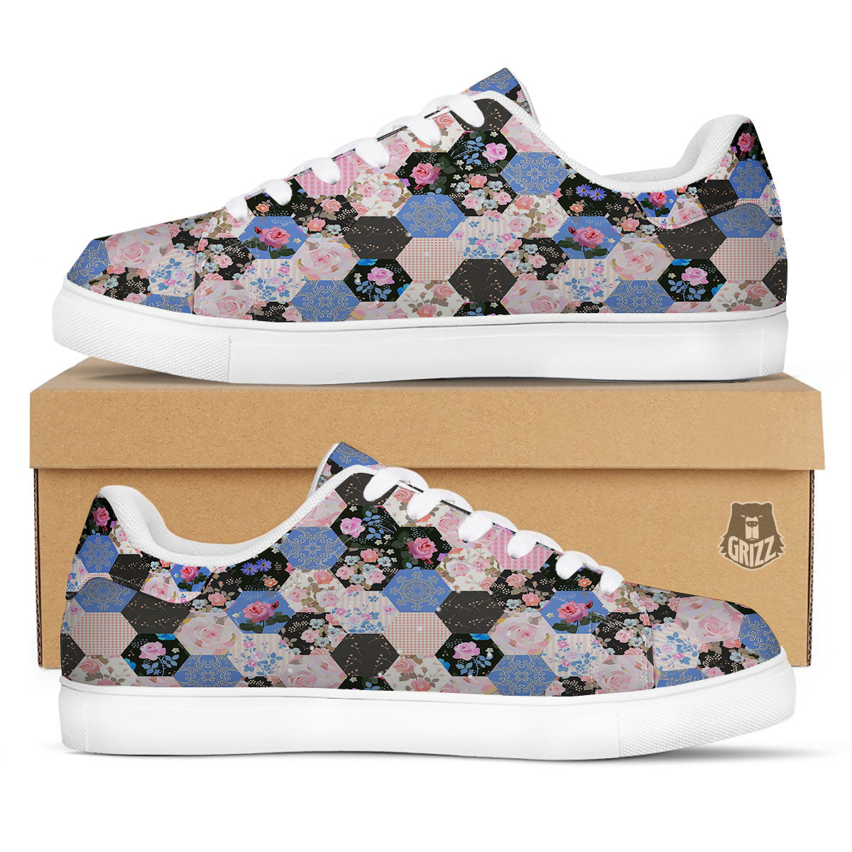 Flower Patchwork Pink Print Pattern White Low Top Sneakers-grizzshop
