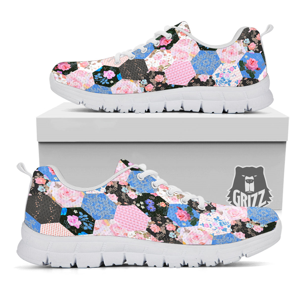 Flower Patchwork Pink Print Pattern White Sneaker-grizzshop