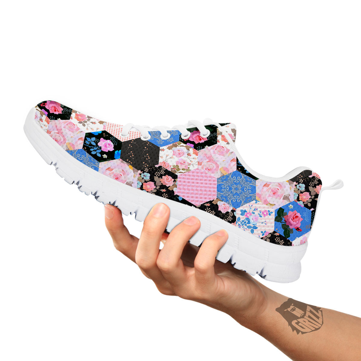 Flower Patchwork Pink Print Pattern White Sneaker-grizzshop
