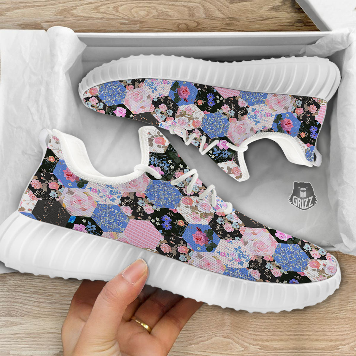 Flower Patchwork Pink Print Pattern White Walking Shoes-grizzshop