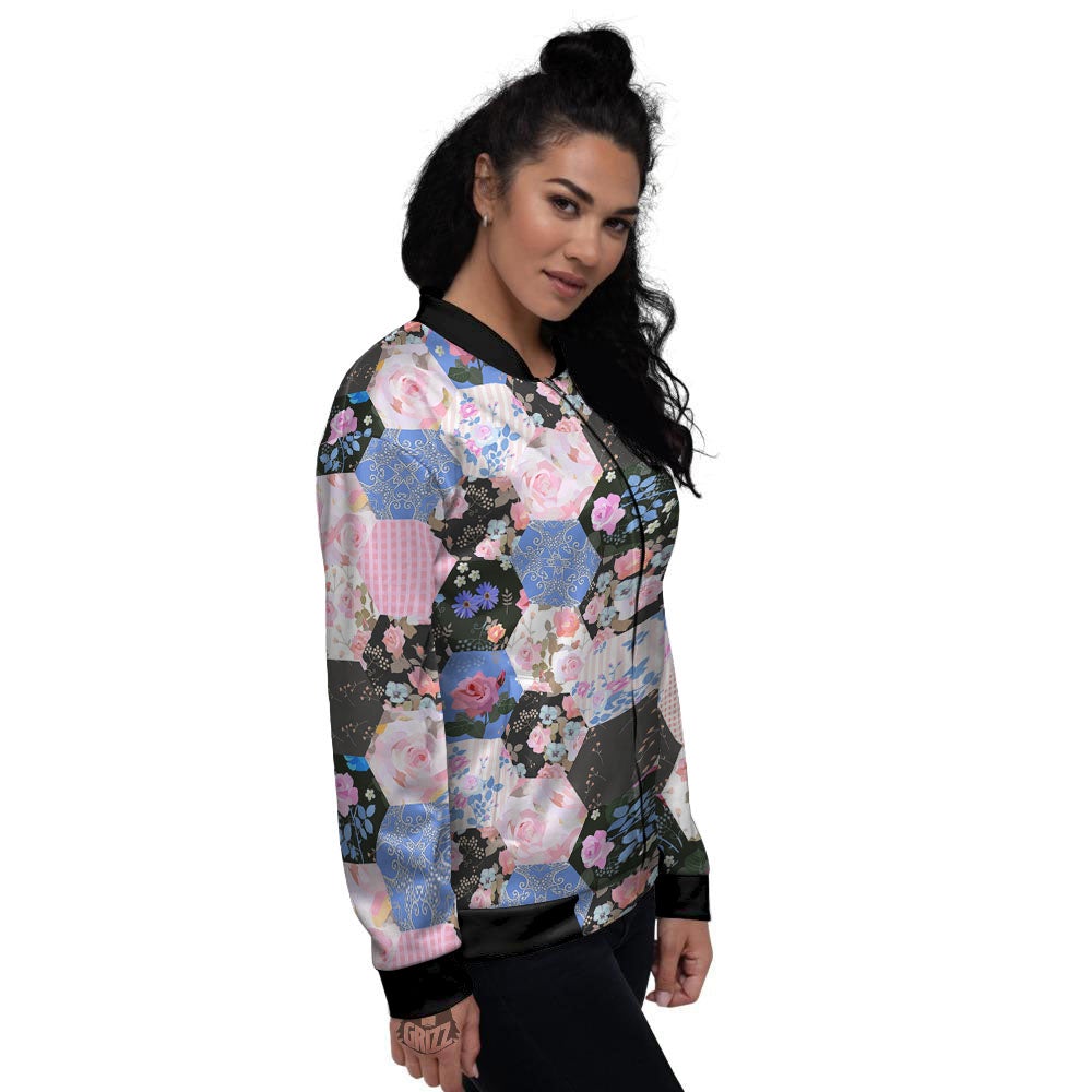 Flower Patchwork Pink Print Pattern Women's Bomber Jacket-grizzshop