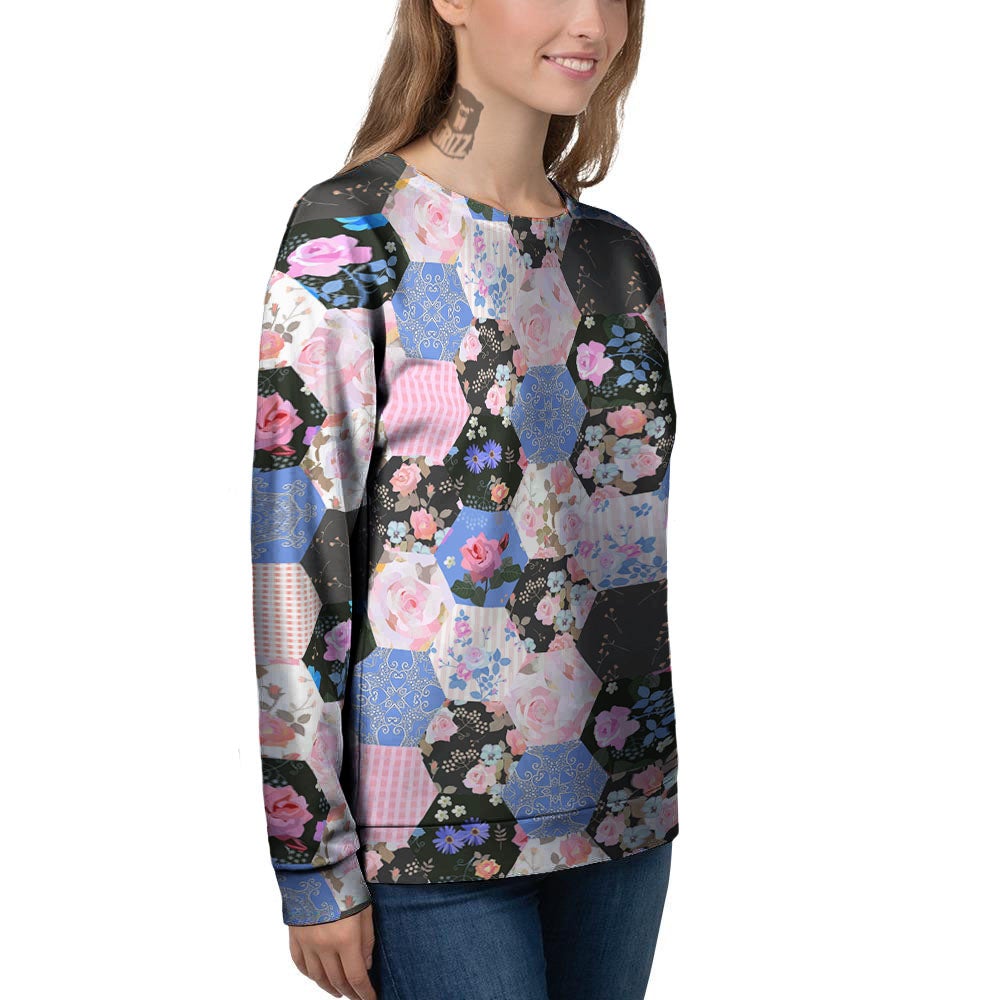 Flower Patchwork Pink Print Pattern Women's Sweatshirt-grizzshop