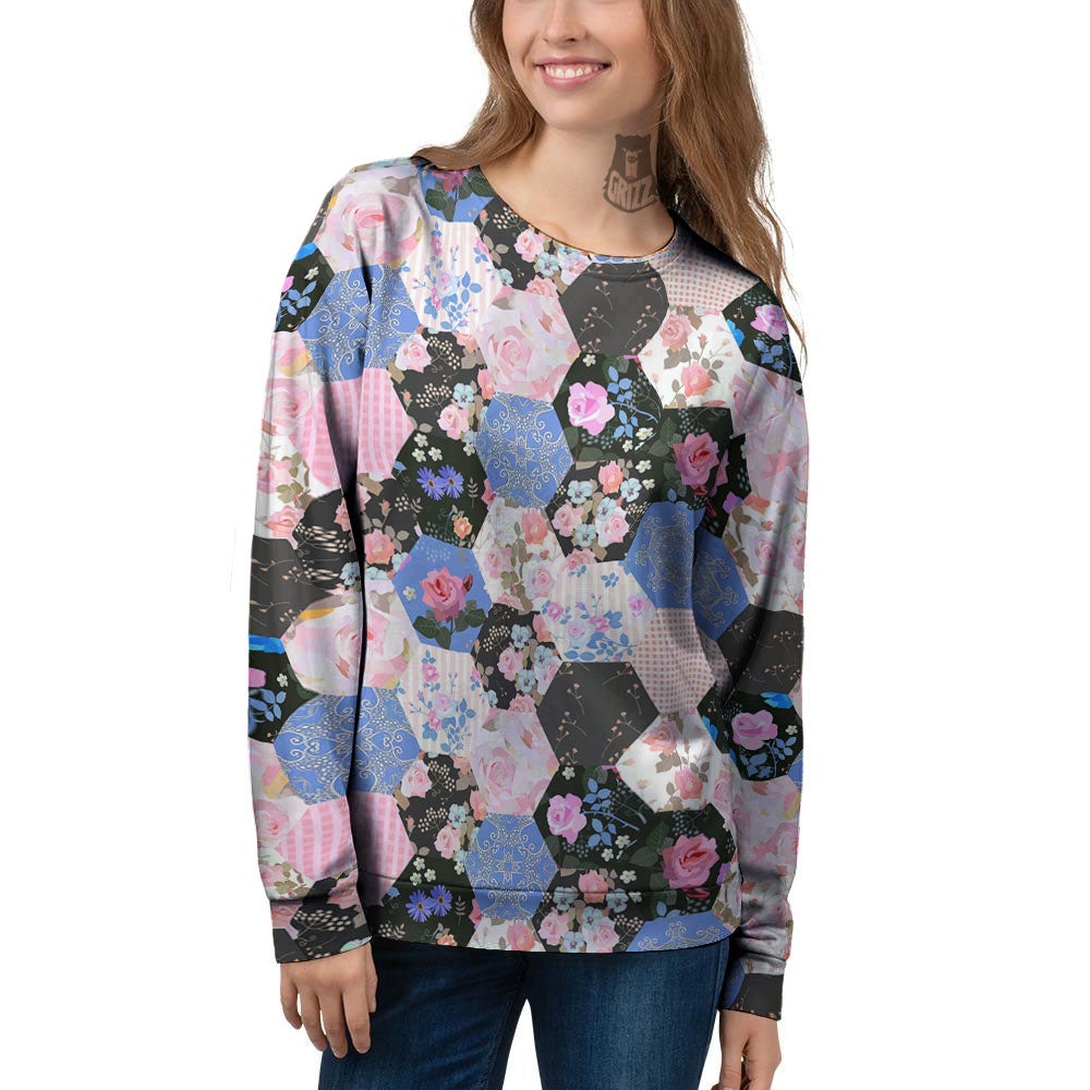 Flower Patchwork Pink Print Pattern Women's Sweatshirt-grizzshop