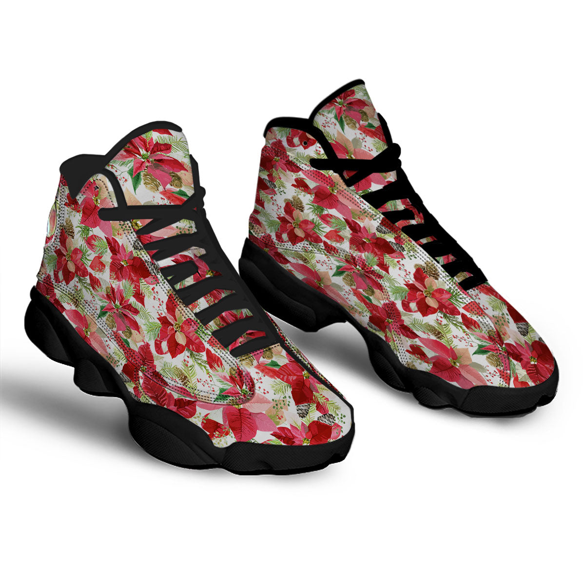 Flower Poinsettia Print Pattern Black Basketball Shoes-grizzshop