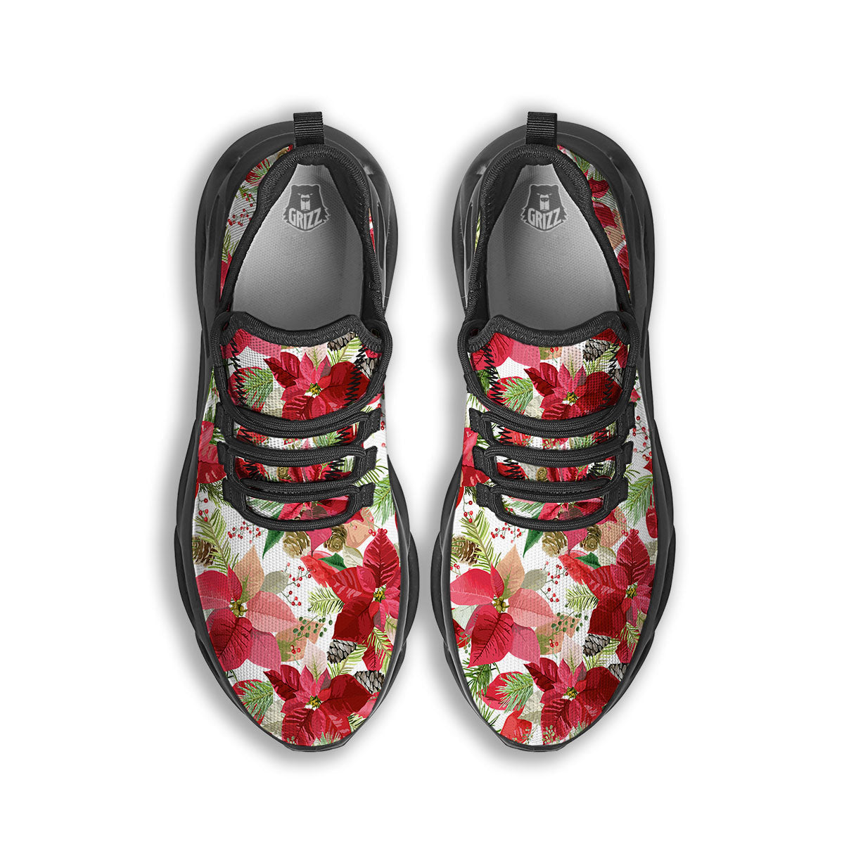 Flower Poinsettia Print Pattern Black Running Shoes-grizzshop