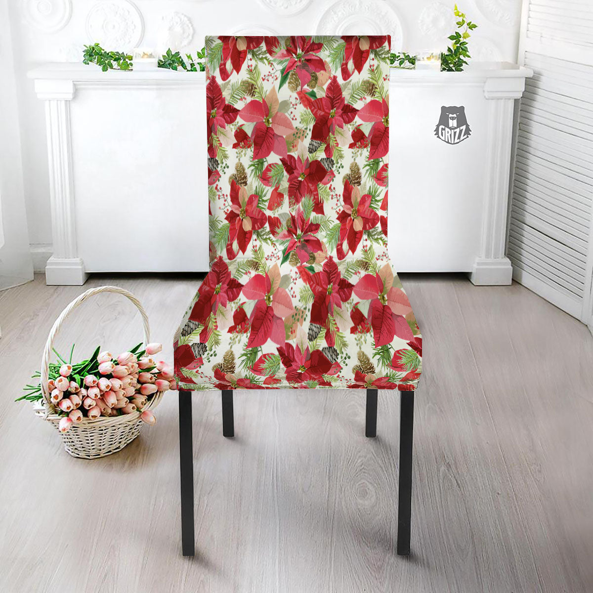 Flower Poinsettia Print Pattern Dining Chair Slipcover-grizzshop
