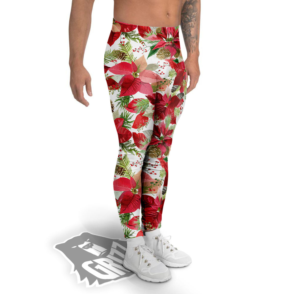 Flower Poinsettia Print Pattern Men's Leggings-grizzshop