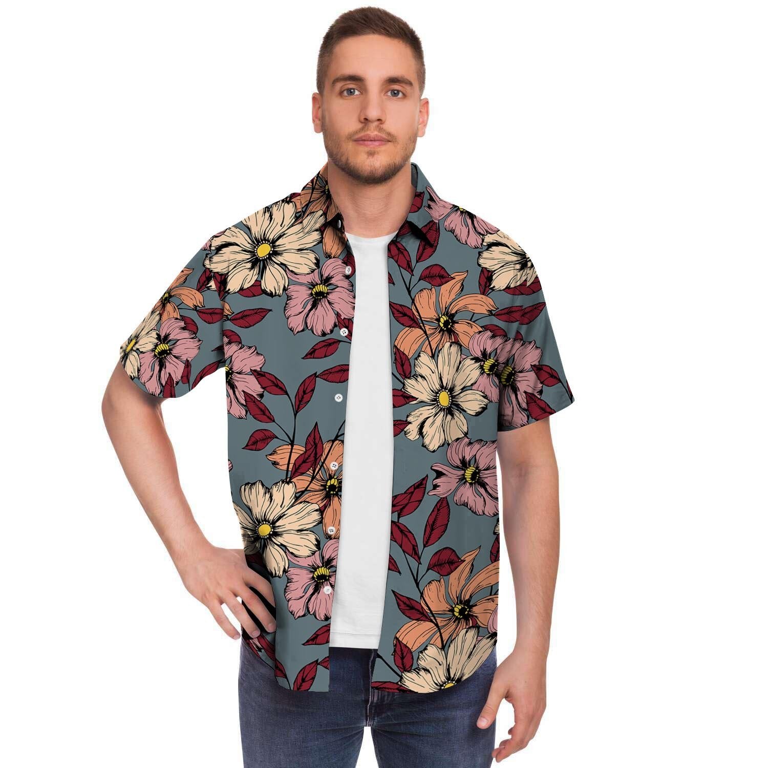 Flower Print Men's Short Sleeve Shirt-grizzshop