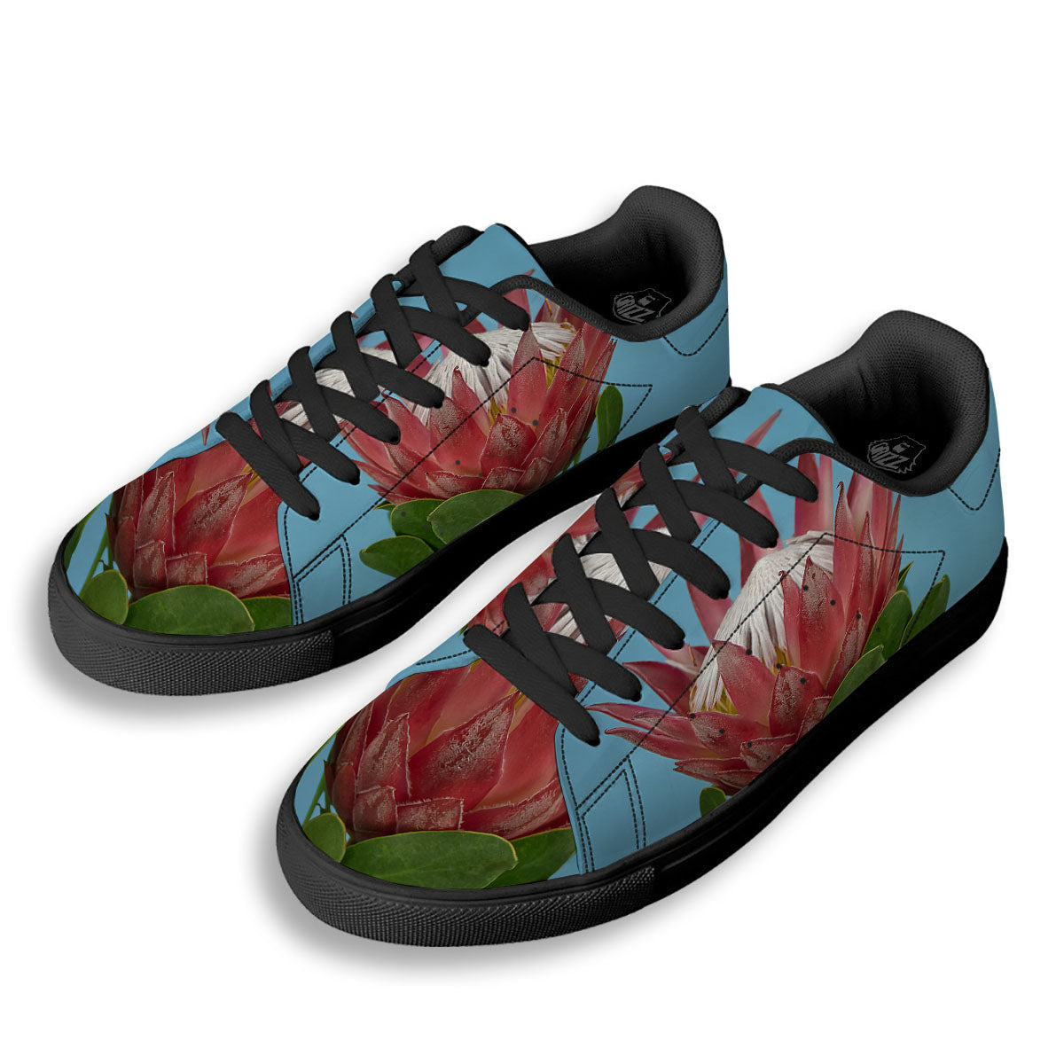 Flower Protea Print Black Low Top Sneakers-grizzshop