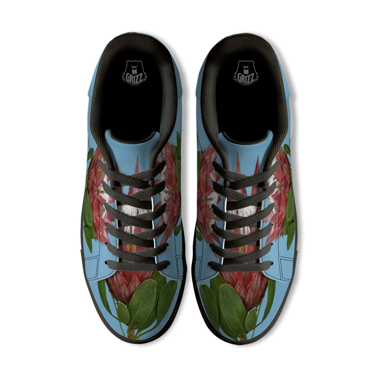 Flower Protea Print Black Low Top Sneakers-grizzshop