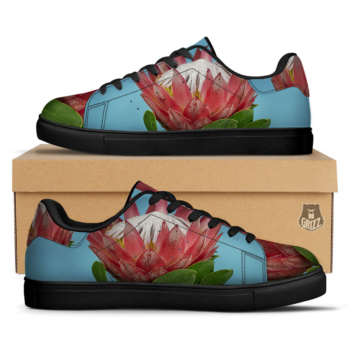 Flower Protea Print Black Low Top Sneakers-grizzshop