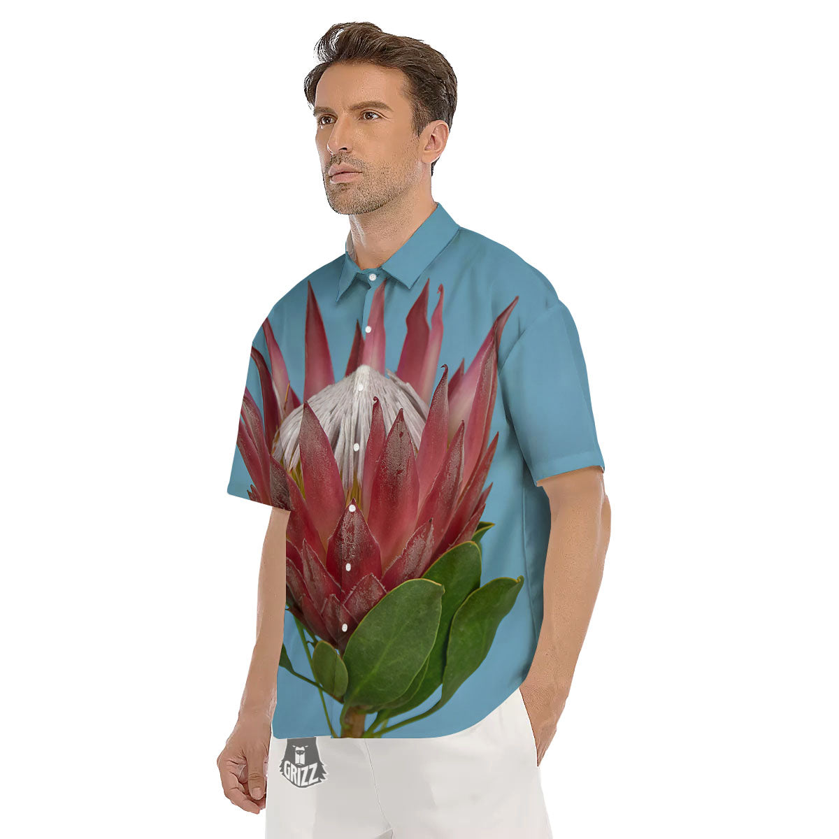 Flower Protea Print Men's Short Sleeve Shirts-grizzshop