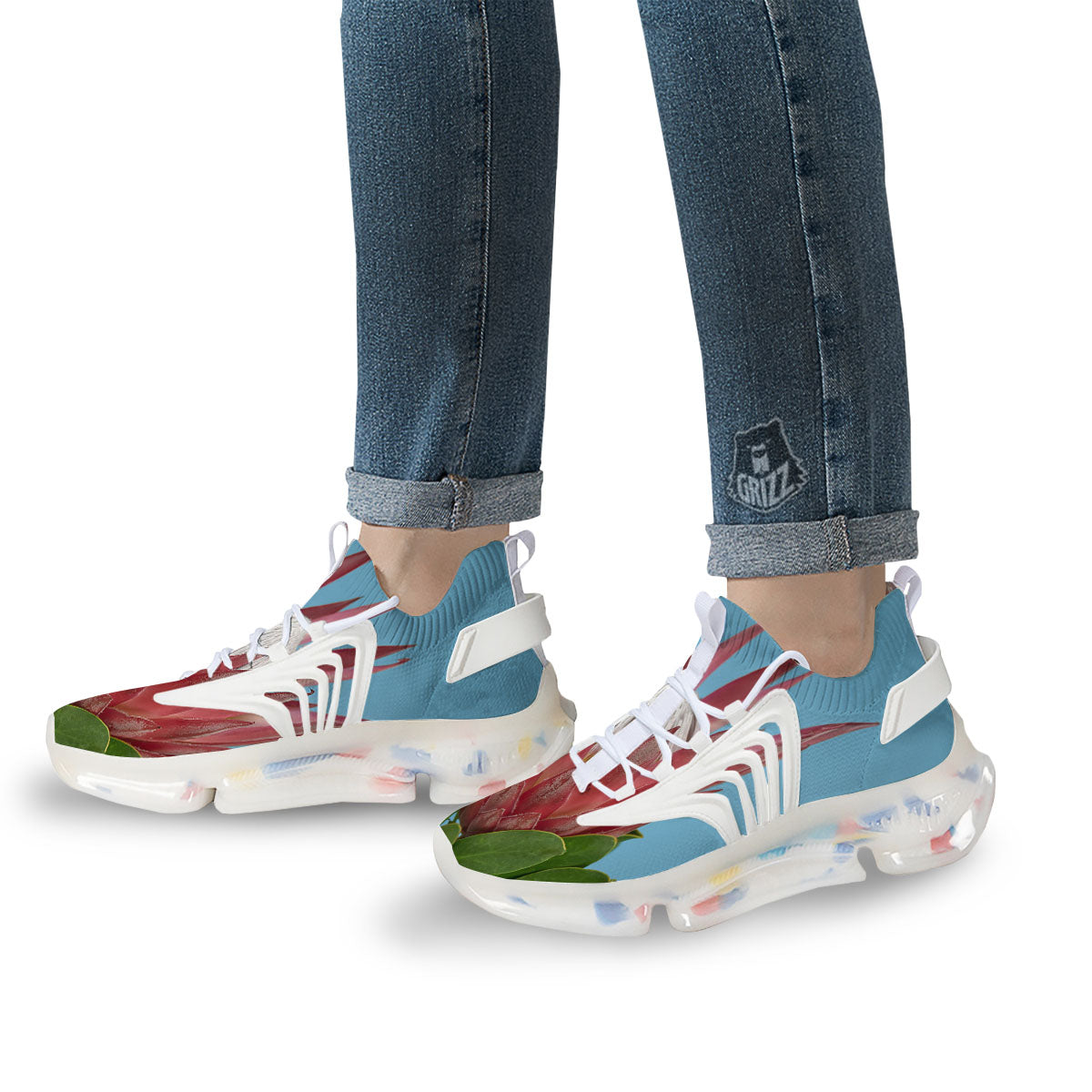 Flower Protea Print White Gym Shoes-grizzshop
