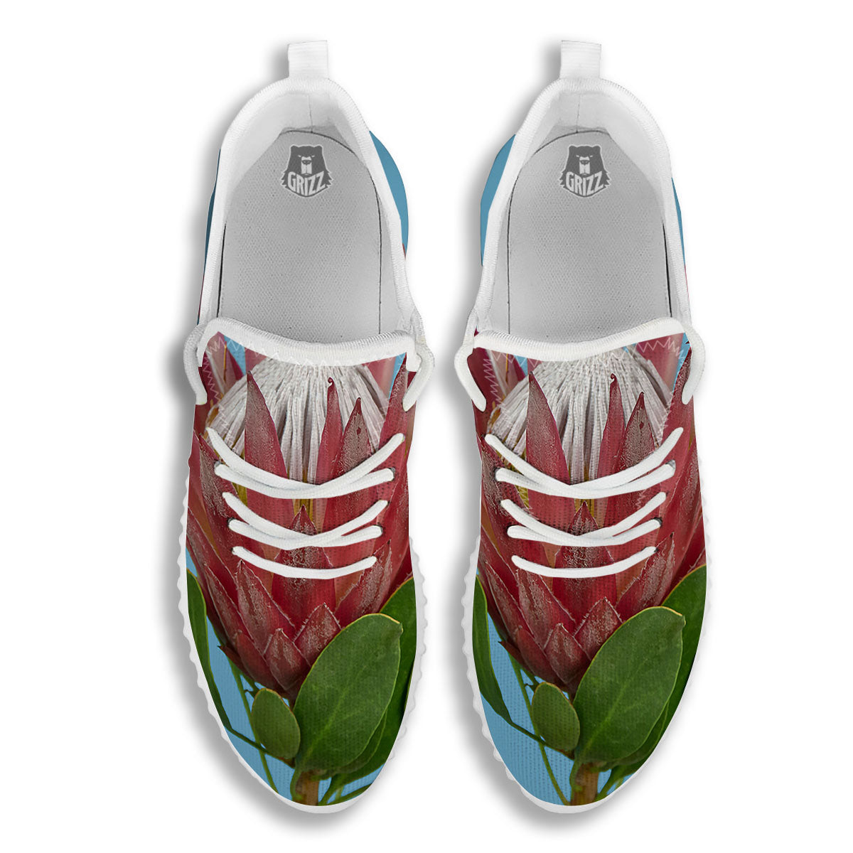 Flower Protea Print White Walking Shoes-grizzshop