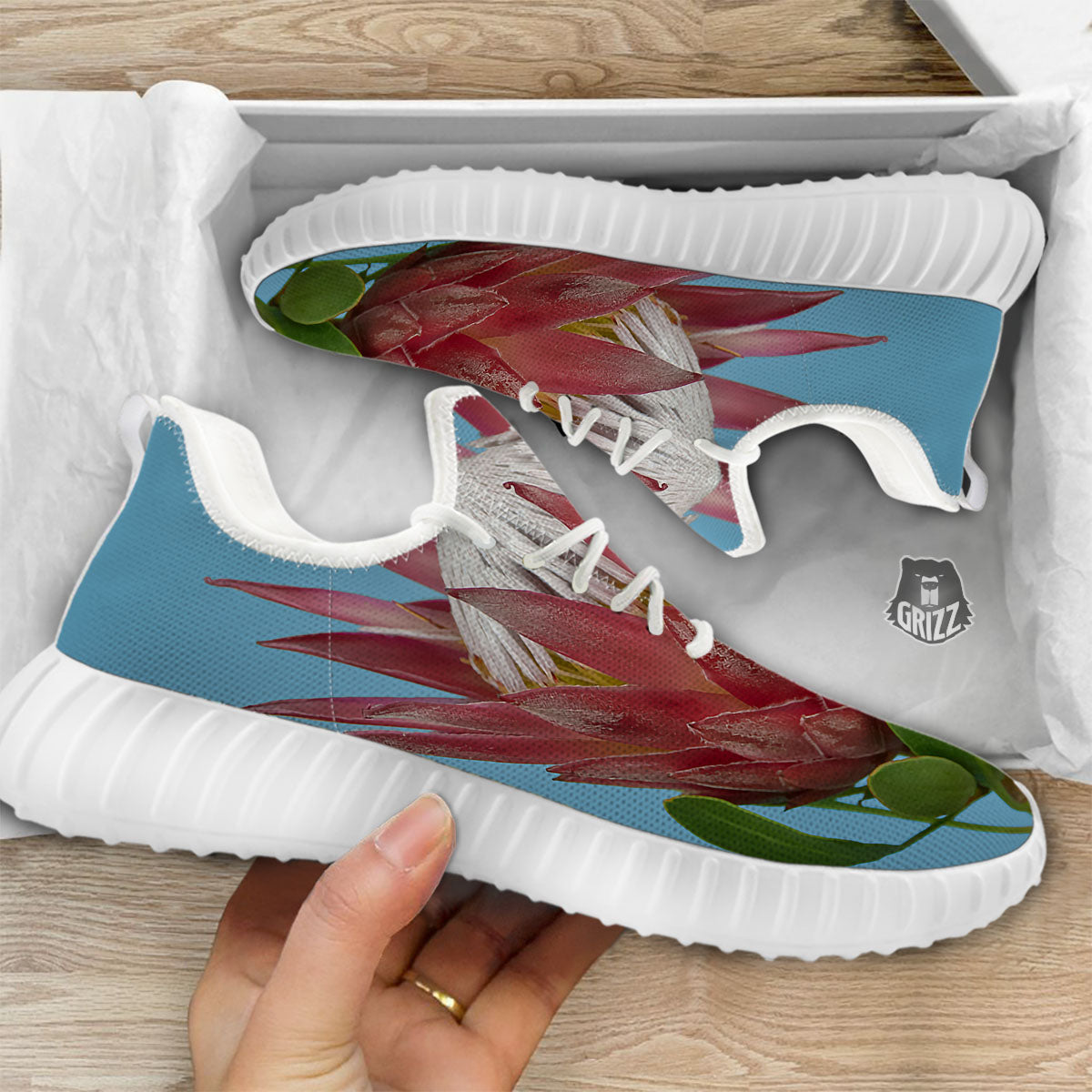 Flower Protea Print White Walking Shoes-grizzshop