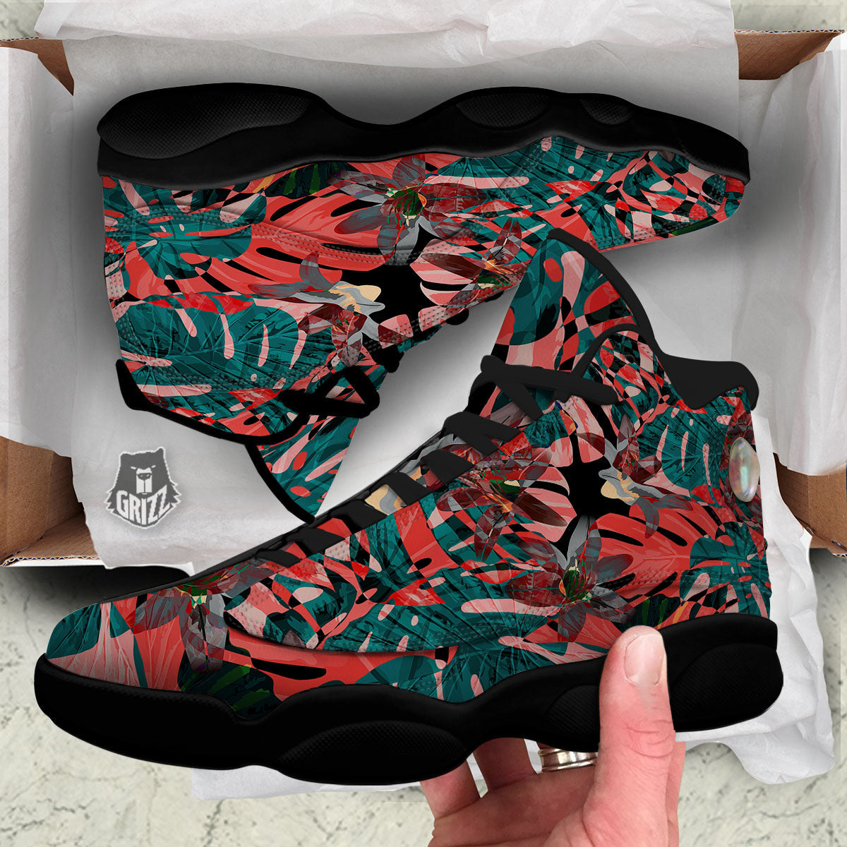 Flower Psychedelic Hawaiian Print Black Basketball Shoes-grizzshop