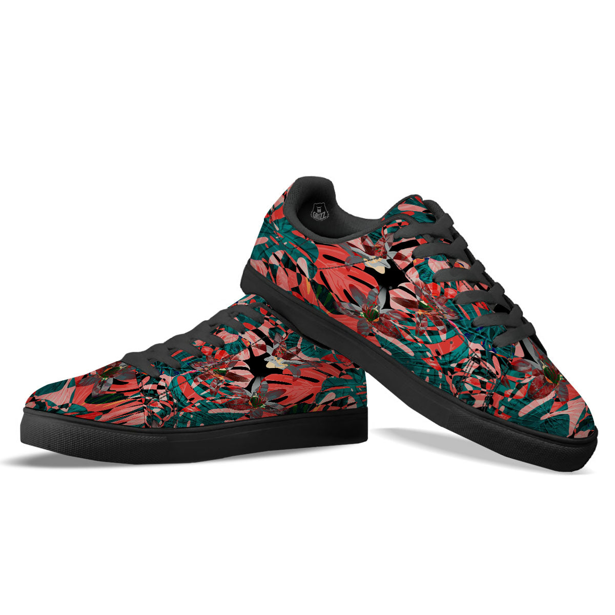 Flower Psychedelic Hawaiian Print Black Low Top Sneakers-grizzshop
