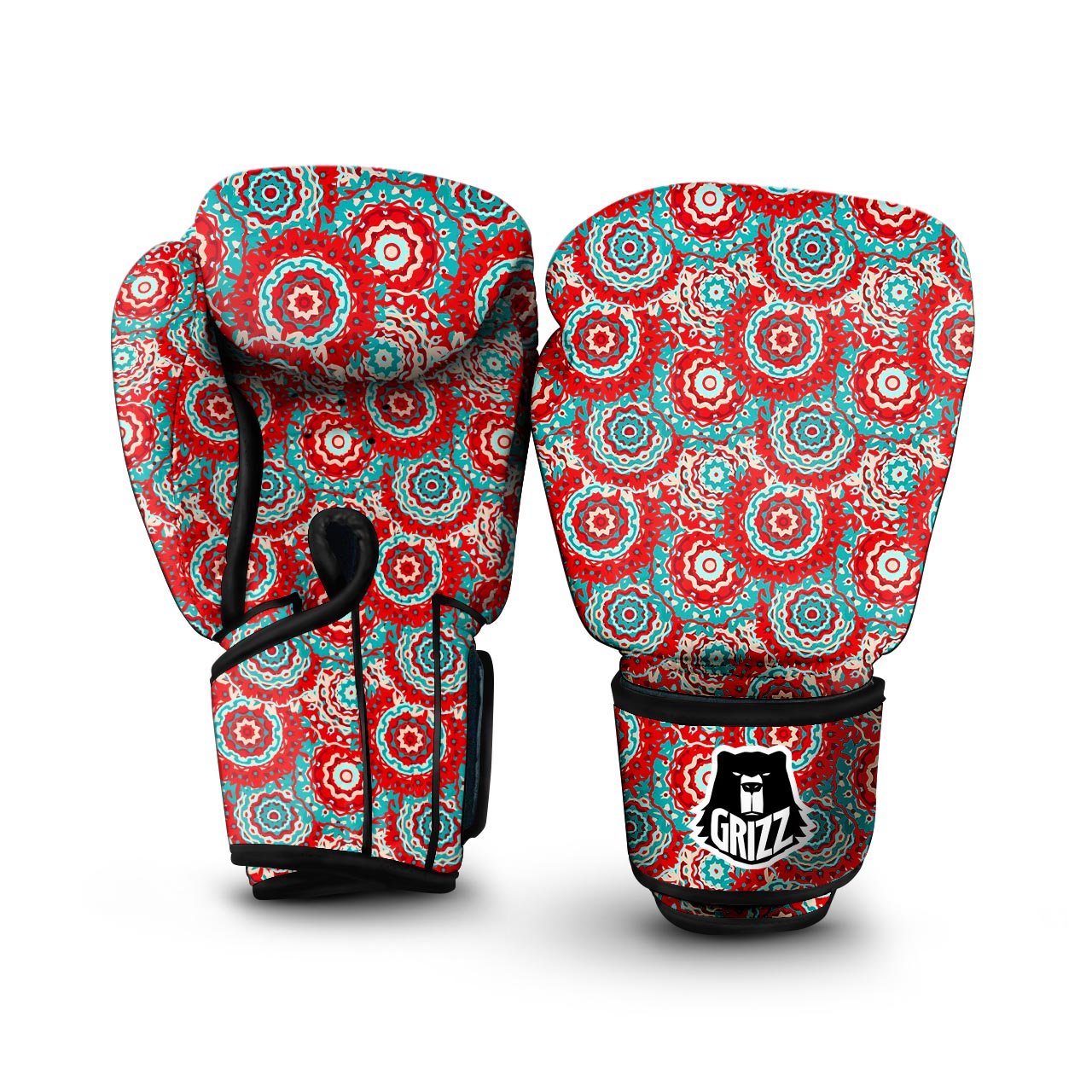 Flower Red Boho Print Pattern Boxing Gloves-grizzshop