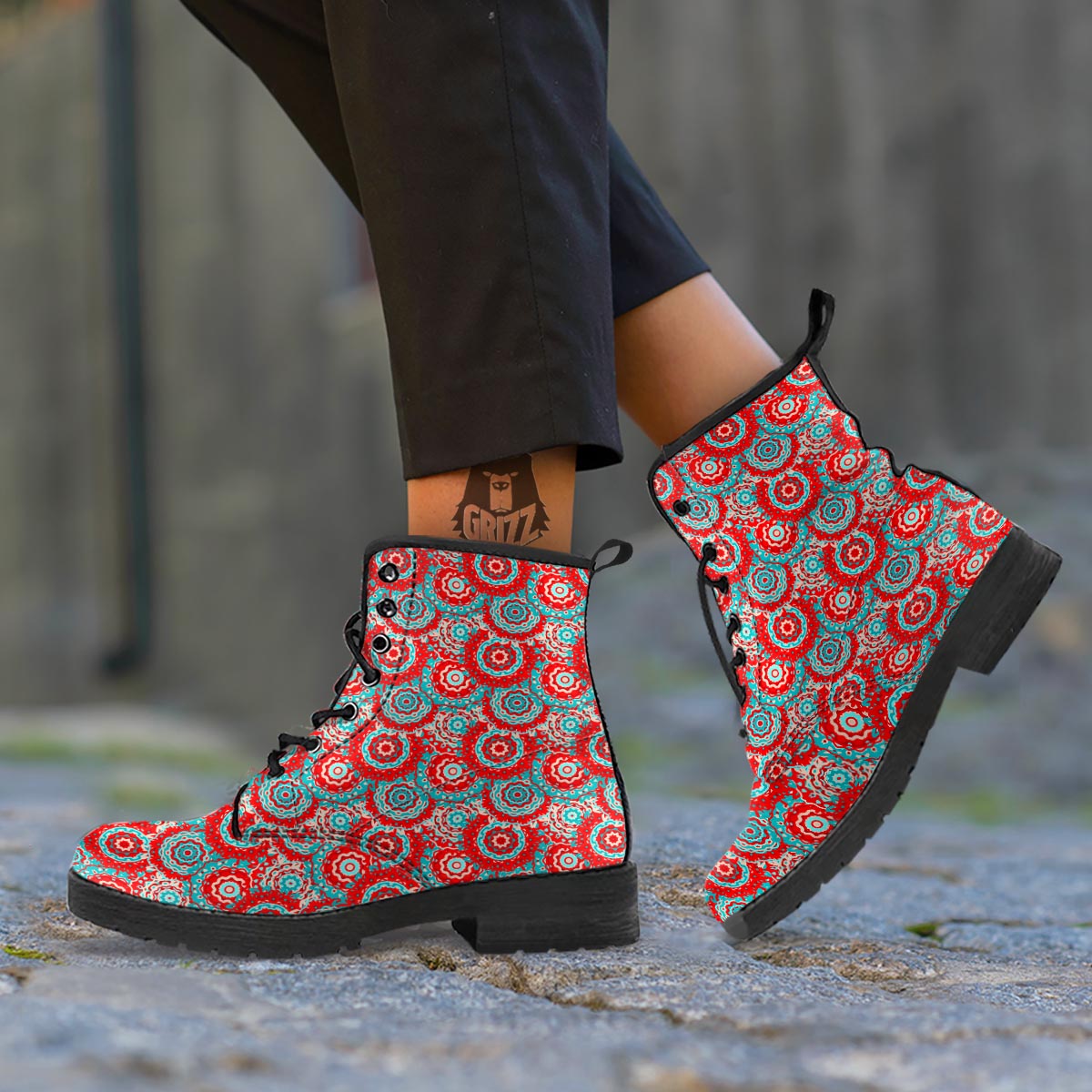 Flower Red Boho Print Pattern Leather Boots-grizzshop