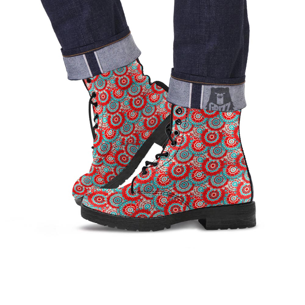 Flower Red Boho Print Pattern Leather Boots-grizzshop