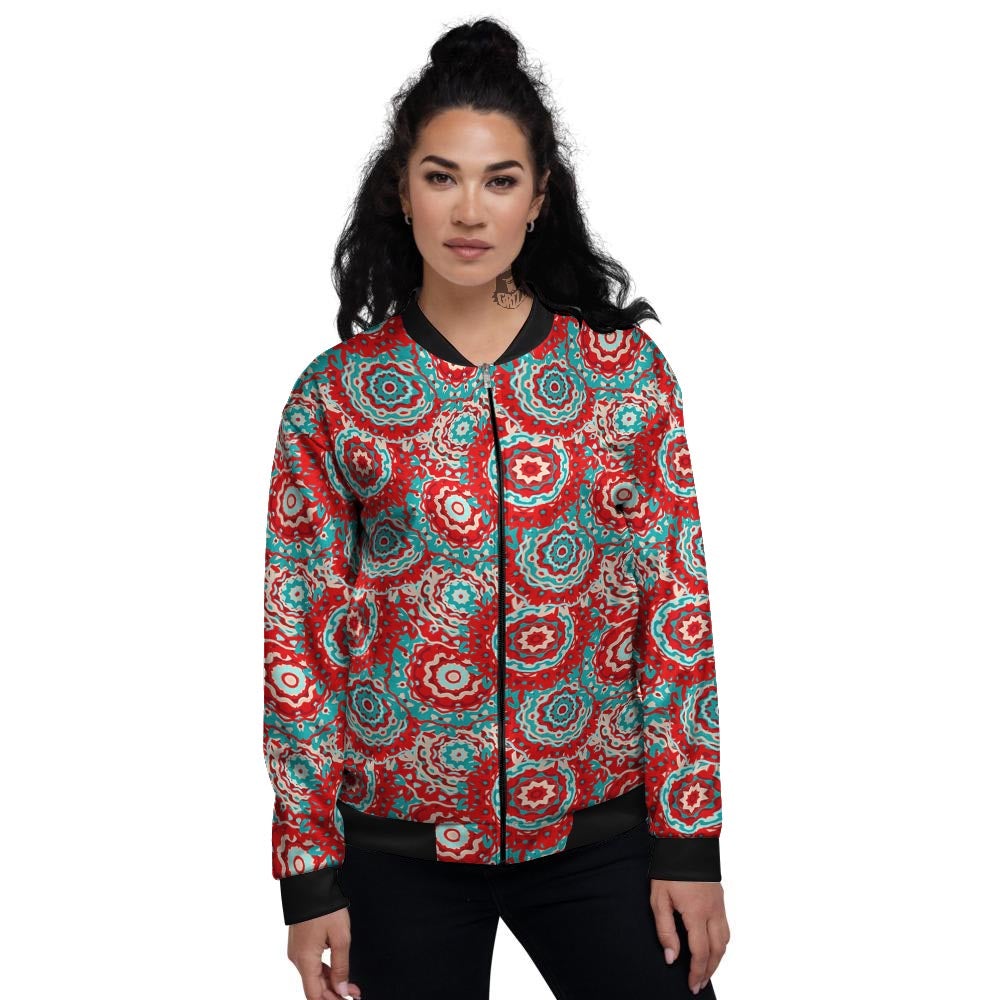 Flower Red Boho Print Pattern Women's Bomber Jacket-grizzshop