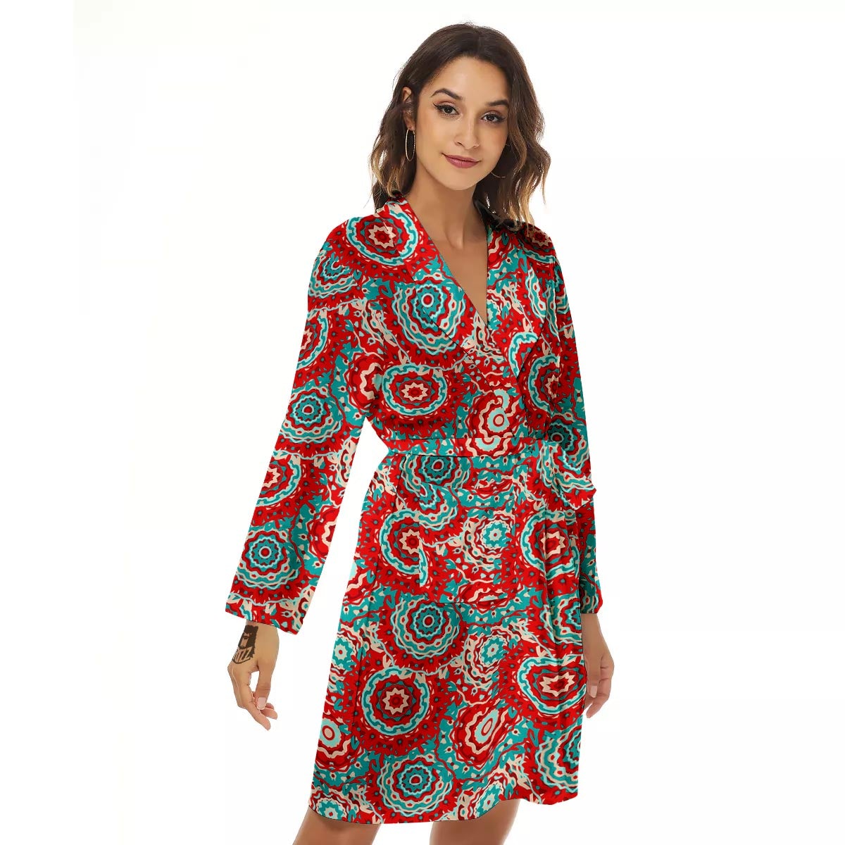 Flower Red Boho Print Pattern Women's Robe-grizzshop