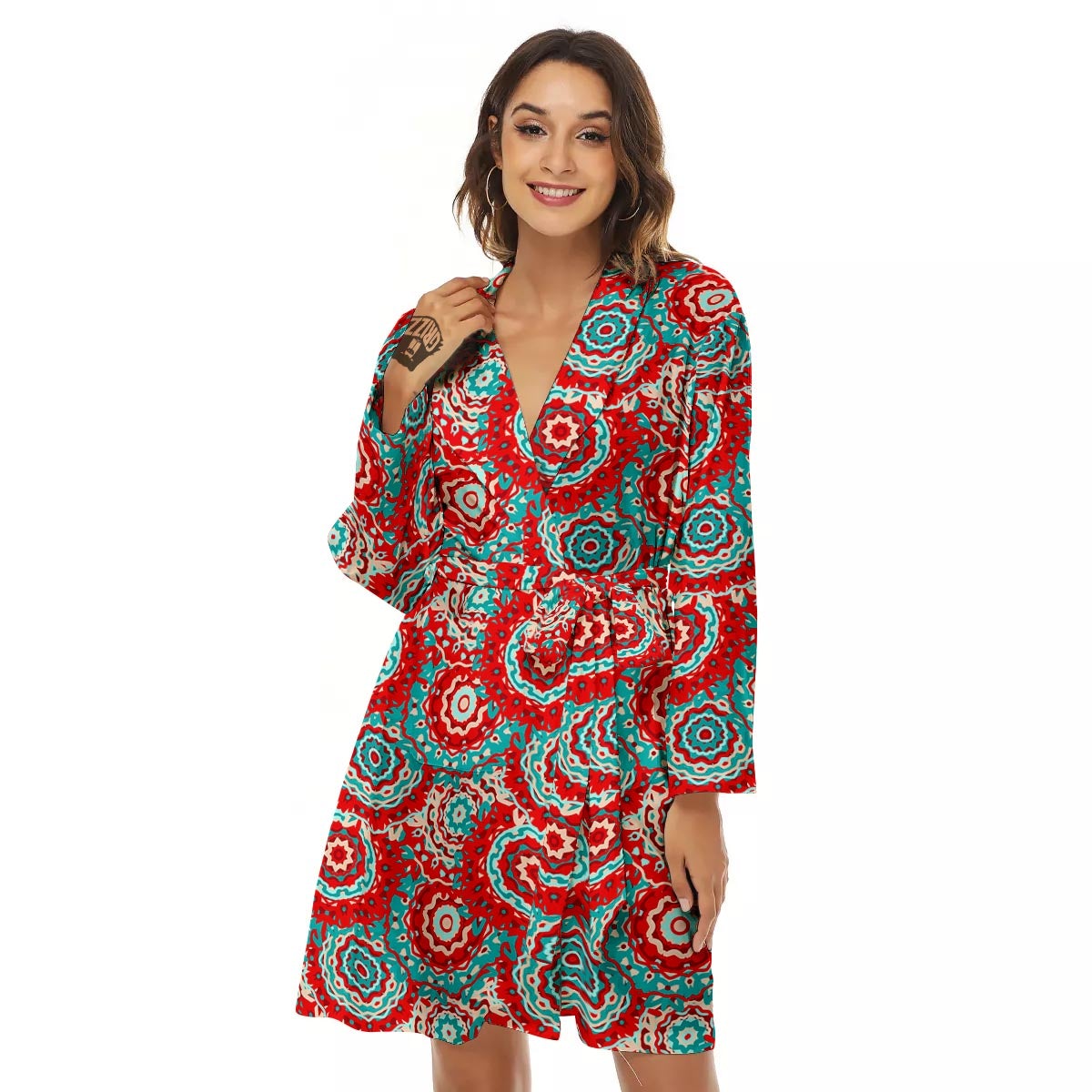 Flower Red Boho Print Pattern Women's Robe-grizzshop