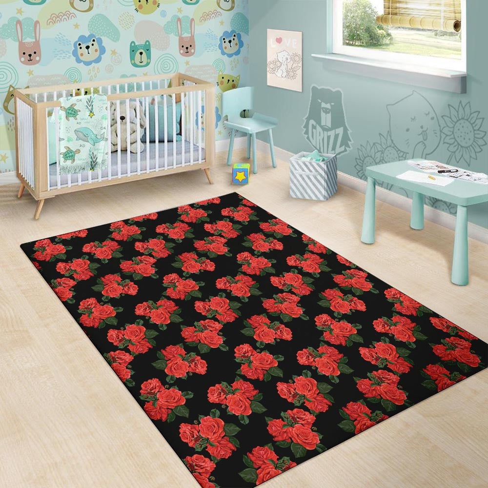 Flower Red Rose Print Pattern Floor Mat-grizzshop