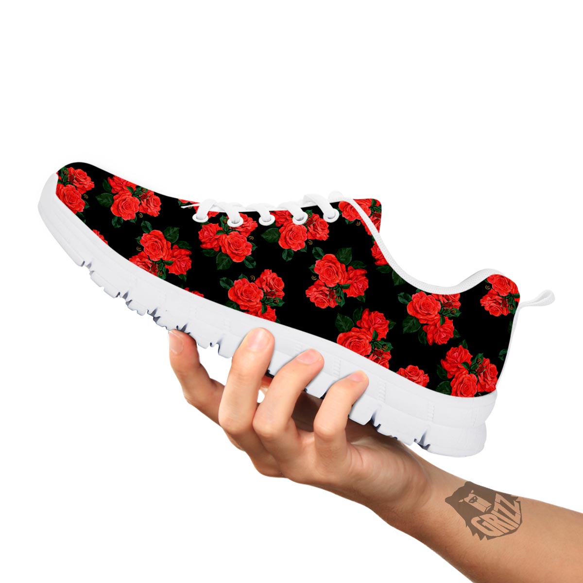 Flower Red Rose Print Pattern White Sneaker-grizzshop
