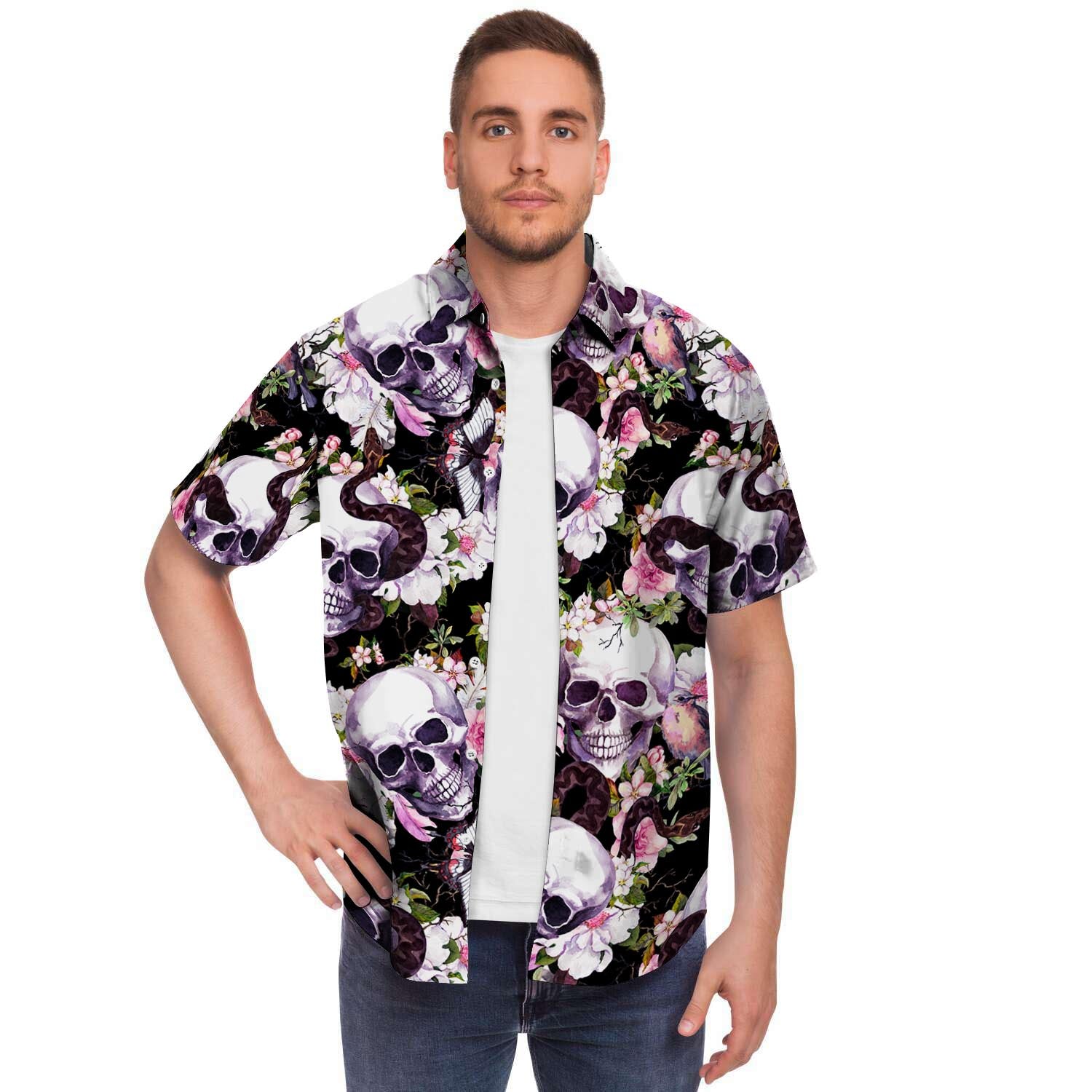 Flower Skull Men's Short Sleeve Shirt-grizzshop