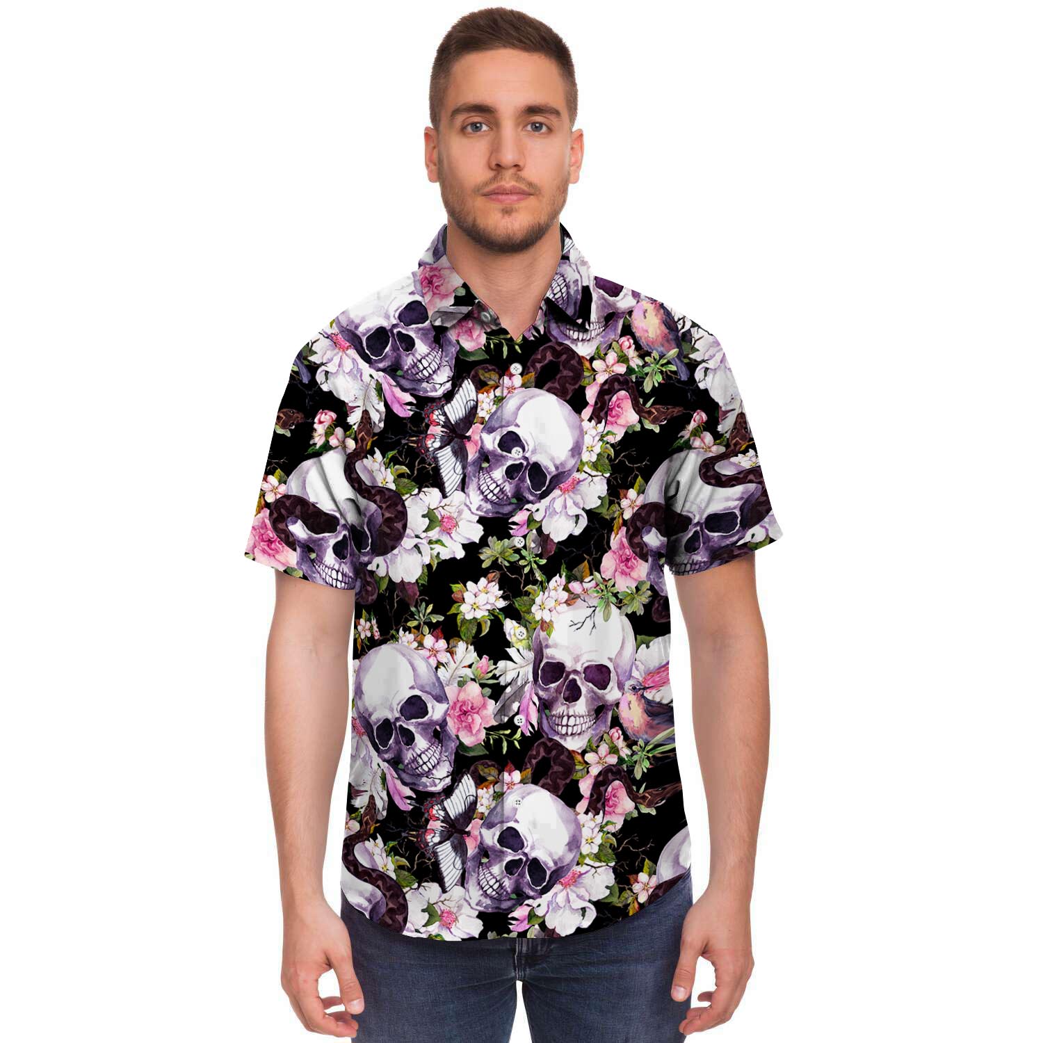 Flower Skull Men's Short Sleeve Shirt-grizzshop