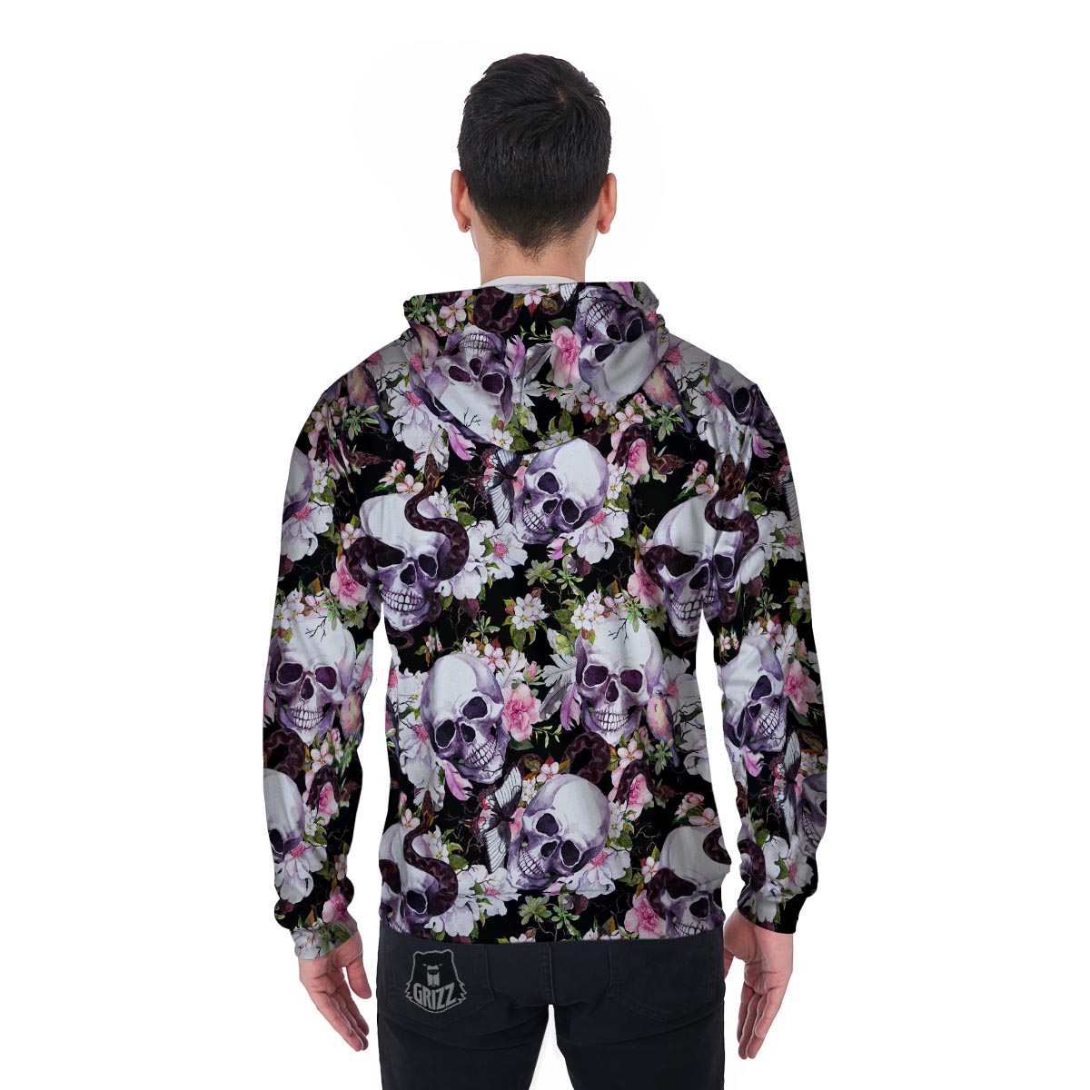 Flower Skull Men's Zip Up Hoodie-grizzshop