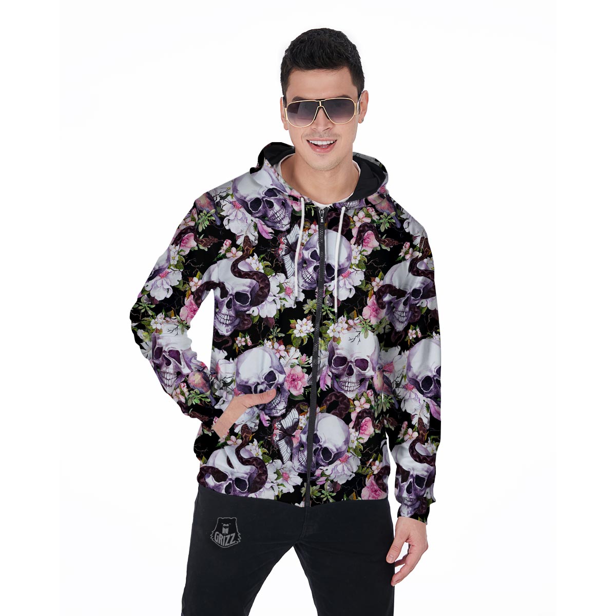 Flower Skull Men's Zip Up Hoodie-grizzshop