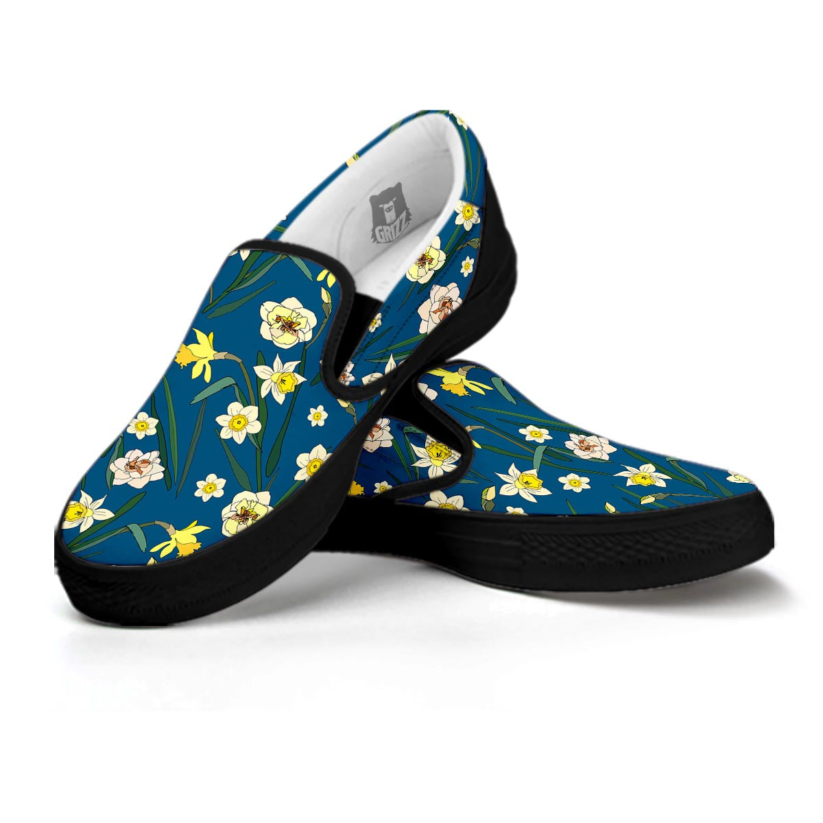 Flower Spring Daffodil Print Pattern Black Slip On Shoes-grizzshop