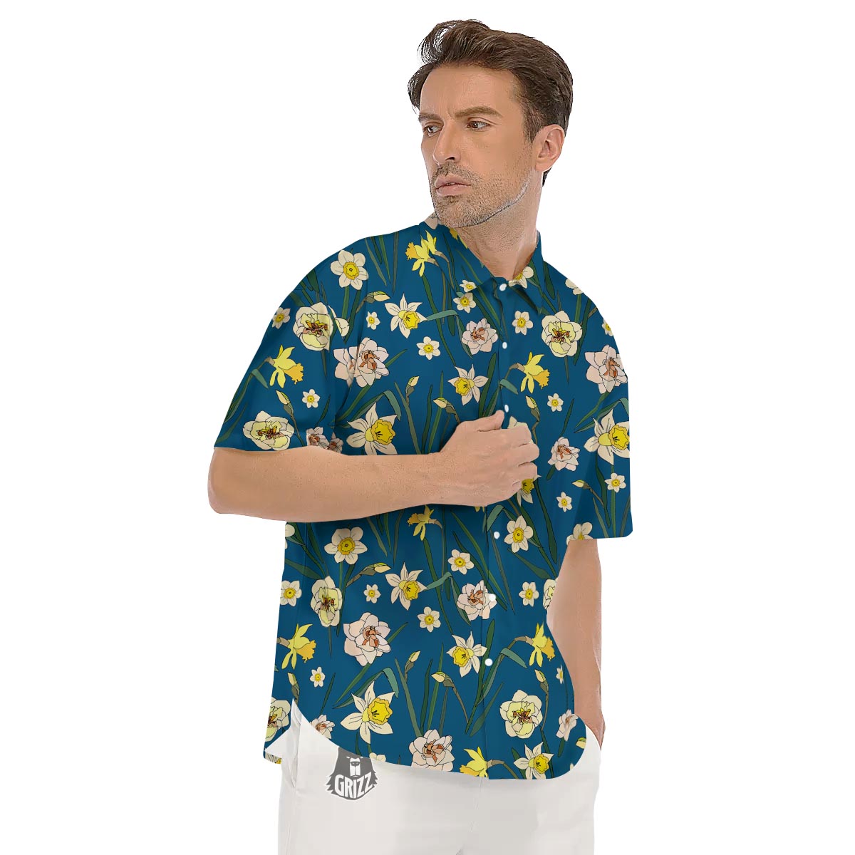 Flower Spring Daffodil Print Pattern Men's Short Sleeve Shirts-grizzshop