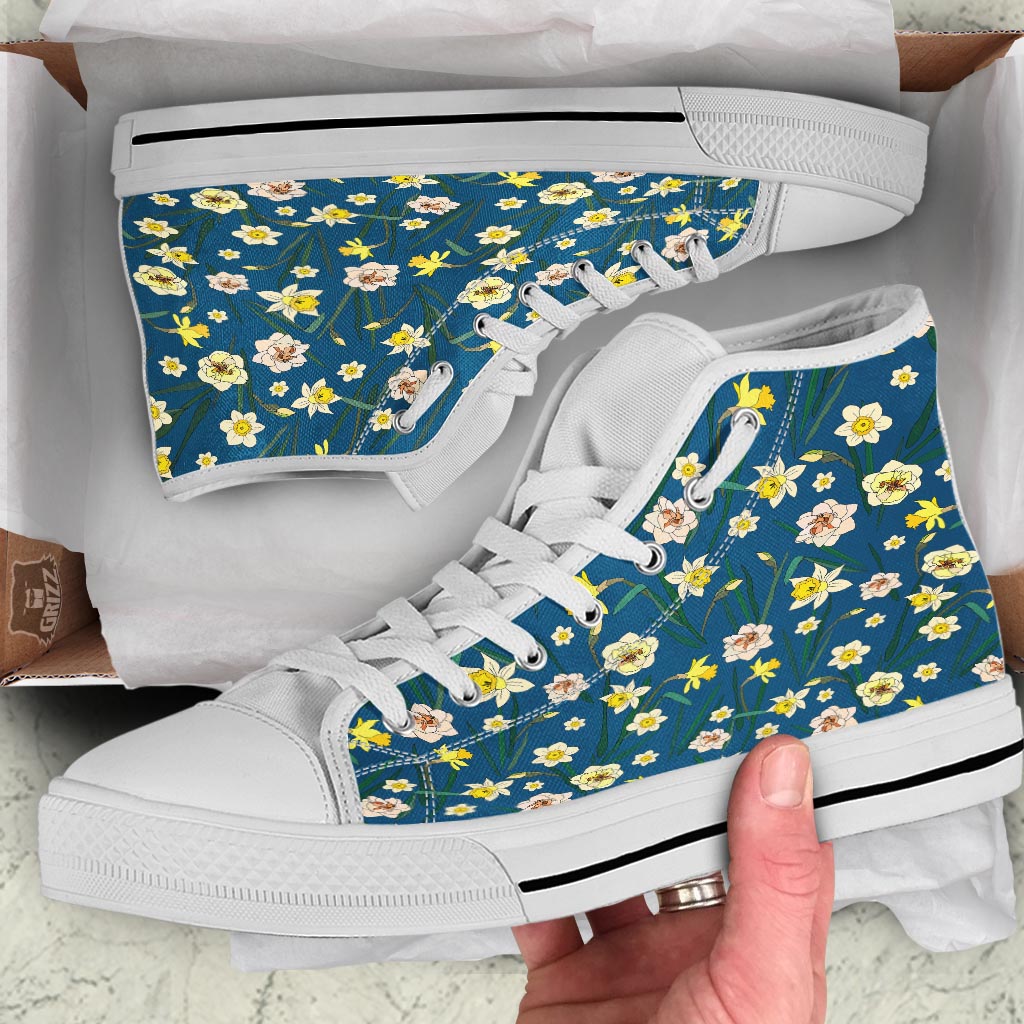Flower Spring Daffodil Print Pattern White High Top Shoes-grizzshop