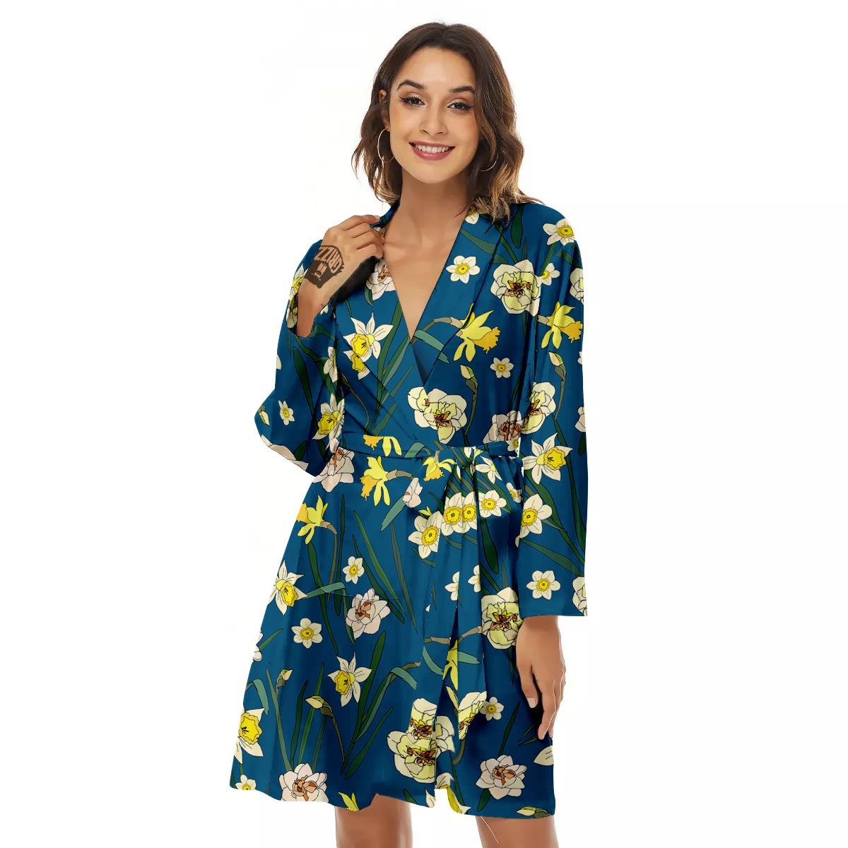 Flower Spring Daffodil Print Pattern Women's Robe-grizzshop