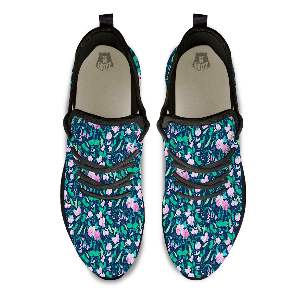 Flower Sweet Pea Print Pattern Black Athletic Shoes-grizzshop