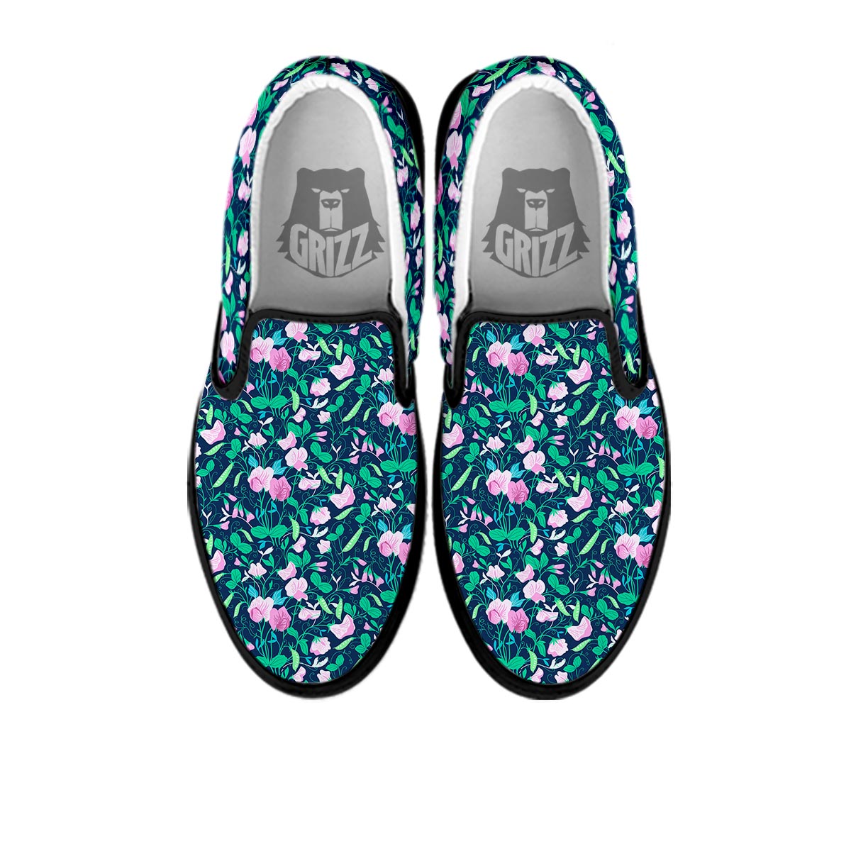 Flower Sweet Pea Print Pattern Black Slip On Shoes-grizzshop