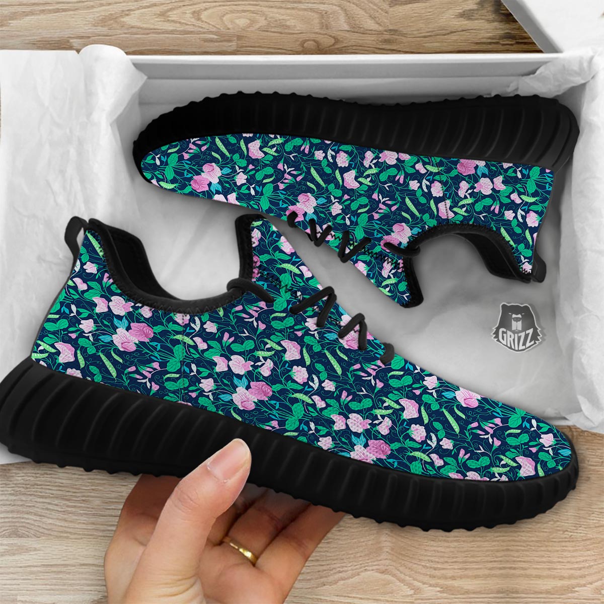Flower Sweet Pea Print Pattern Black Walking Shoes-grizzshop