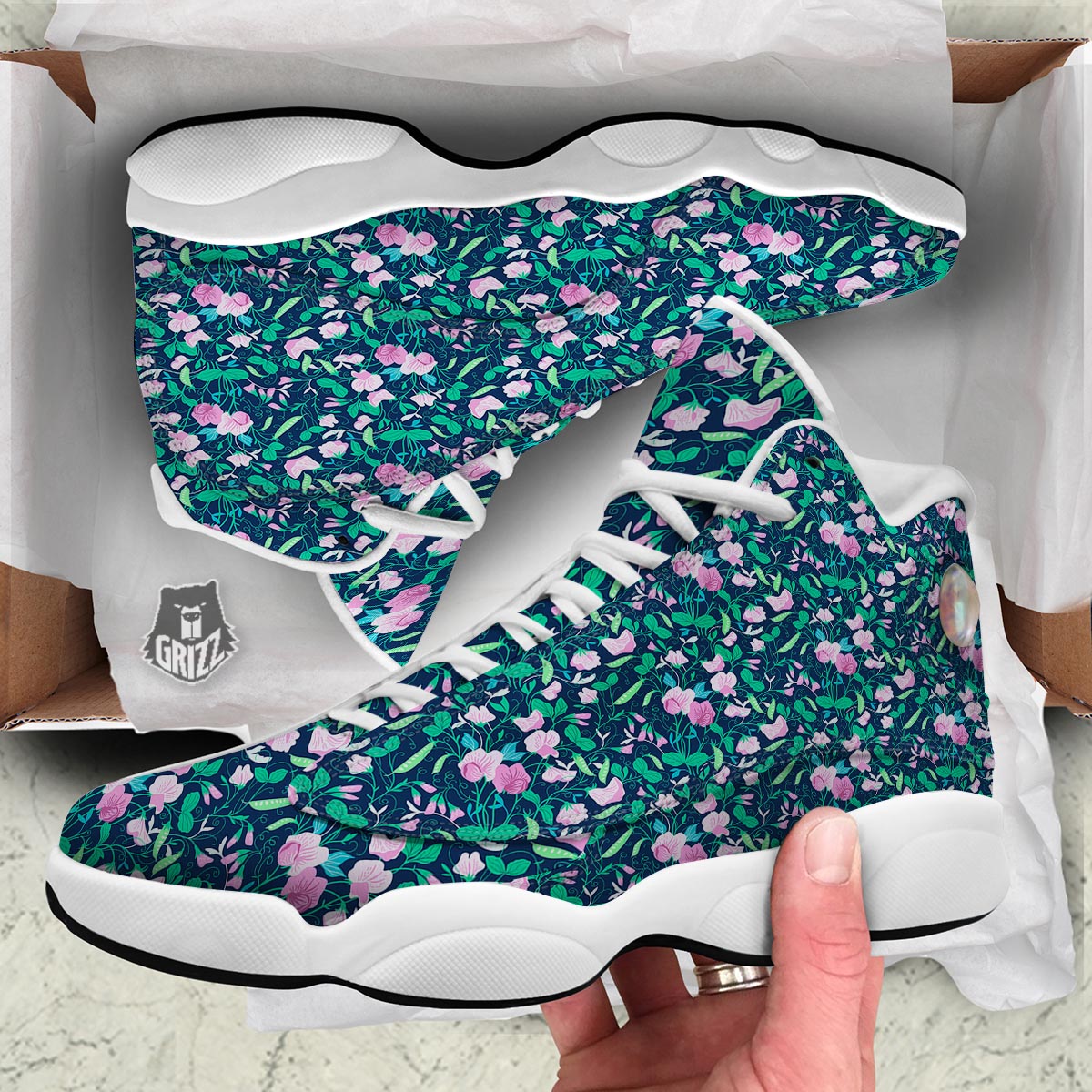 Flower Sweet Pea Print Pattern White Basketball Shoes-grizzshop