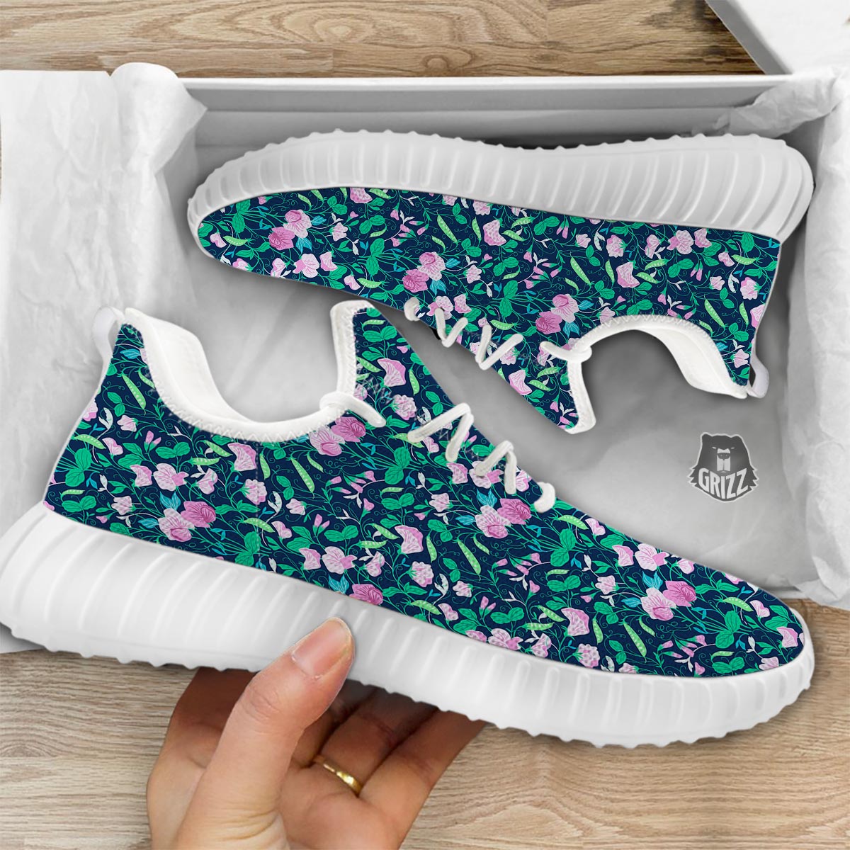 Flower Sweet Pea Print Pattern White Walking Shoes-grizzshop