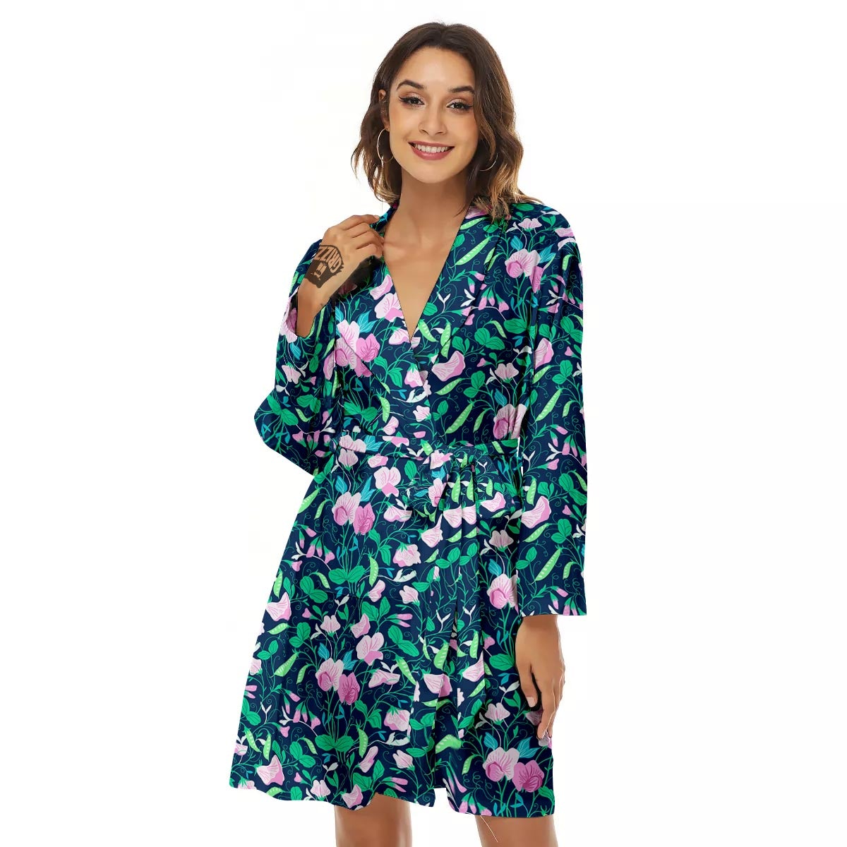 Flower Sweet Pea Print Pattern Women's Robe-grizzshop