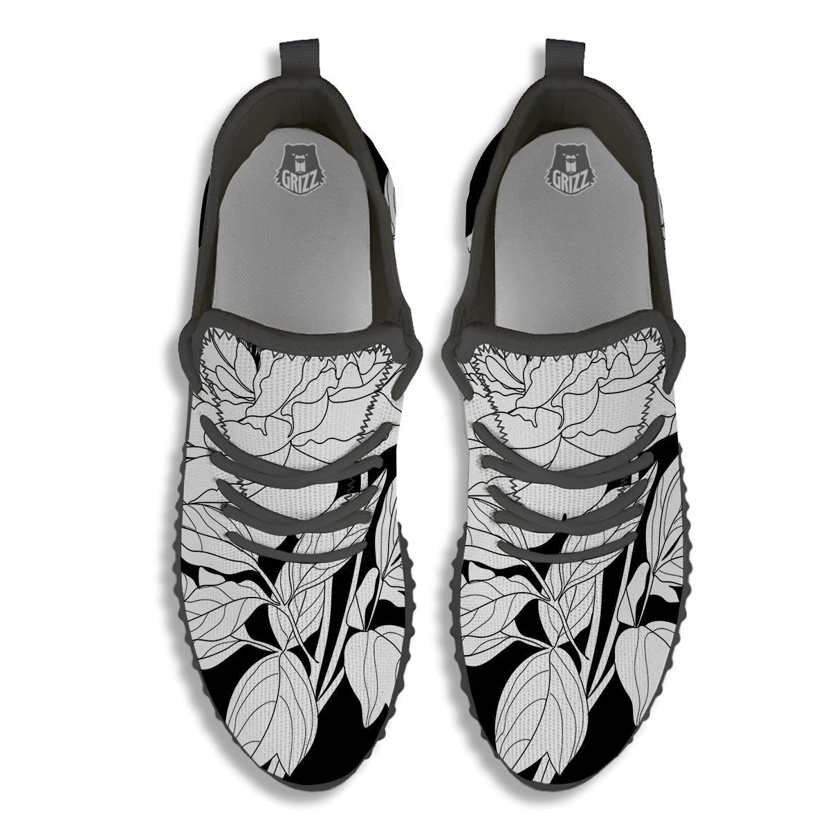 Flower White And Black Print Black Walking Shoes-grizzshop