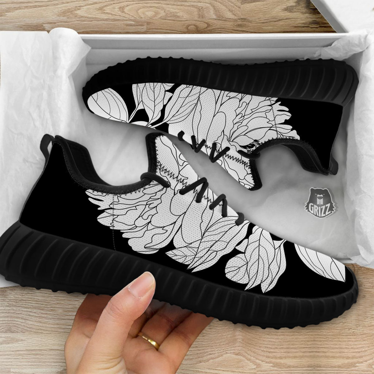 Flower White And Black Print Black Walking Shoes-grizzshop